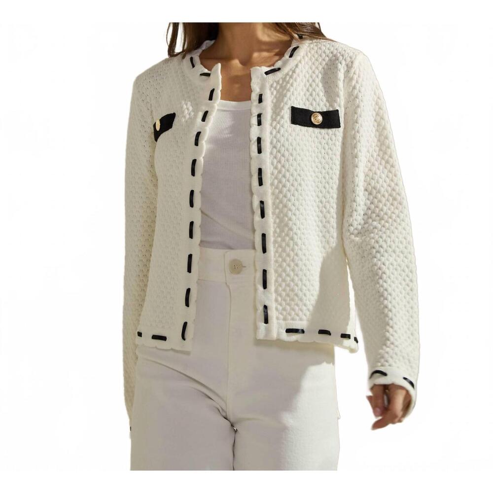 NEW ABLE contrast trim cardigan in white/black